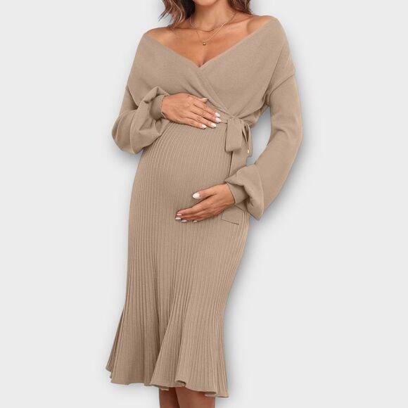 Tan Maternity Sweater Dress Wrap V Neck Pleated A Line Waist with Belt Size 2XL - Picture 1 of 5